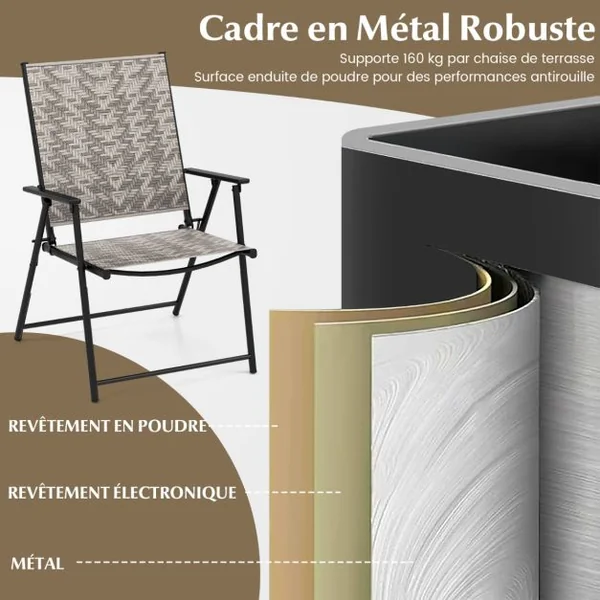 Ensemble de 2 Chaises Pliantes de Patio Chaises de Salle à Manger D'Extérieur en Osier Accoudoirs Chaises Pliables avec Cadre en Métal
