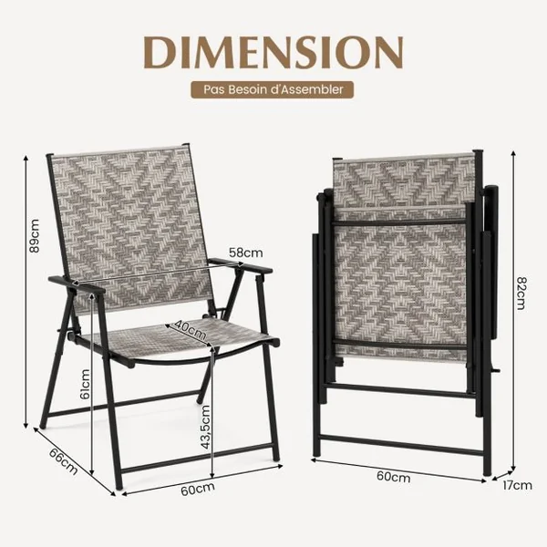 Ensemble de 2 Chaises Pliantes de Patio Chaises de Salle à Manger D'Extérieur en Osier Accoudoirs Chaises Pliables avec Cadre en Métal