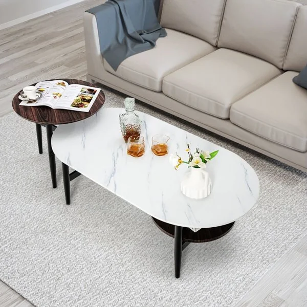 Ensemble de 2 Tables Basses Gigognes Ovale et Ronde en Faux Marbre Effet de Bois Structure en Acier Massif Blanc&Brun Foncé