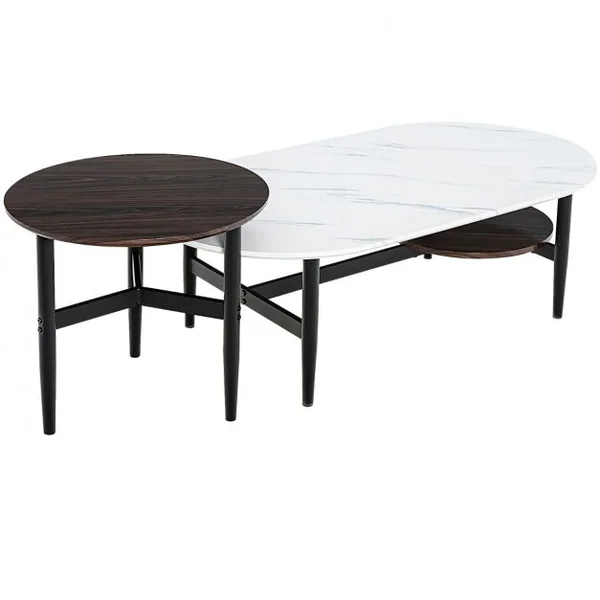 Ensemble de 2 Tables Basses Gigognes Ovale et Ronde en Faux Marbre Effet de Bois Structure en Acier Massif Blanc&Brun Foncé