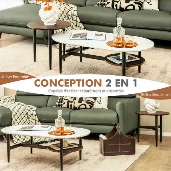 Ensemble de 2 Tables Basses Gigognes Ovale et Ronde en Faux Marbre Effet de Bois Structure en Acier Massif Blanc&Brun Foncé