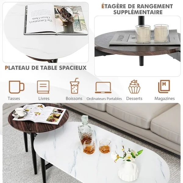 Ensemble de 2 Tables Basses Gigognes Ovale et Ronde en Faux Marbre Effet de Bois Structure en Acier Massif Blanc&Brun Foncé