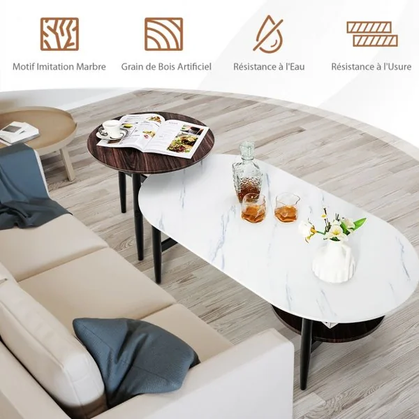 Ensemble de 2 Tables Basses Gigognes Ovale et Ronde en Faux Marbre Effet de Bois Structure en Acier Massif Blanc&Brun Foncé