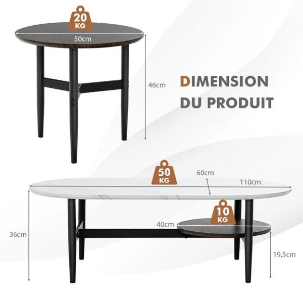 Ensemble de 2 Tables Basses Gigognes Ovale et Ronde en Faux Marbre Effet de Bois Structure en Acier Massif Blanc&Brun Foncé