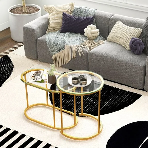Ensemble de 2 Tables Basses Gigognes Tables d'Appoint Rondes et Ovales avec Plateau en Verre Trempé Tables Basses Modernes Cadre en Métal Or