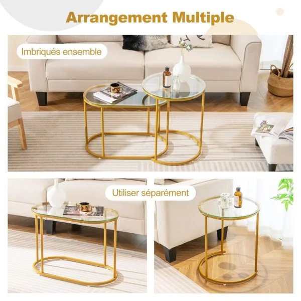 Ensemble de 2 Tables Basses Gigognes Tables d'Appoint Rondes et Ovales avec Plateau en Verre Trempé Tables Basses Modernes Cadre en Métal Or
