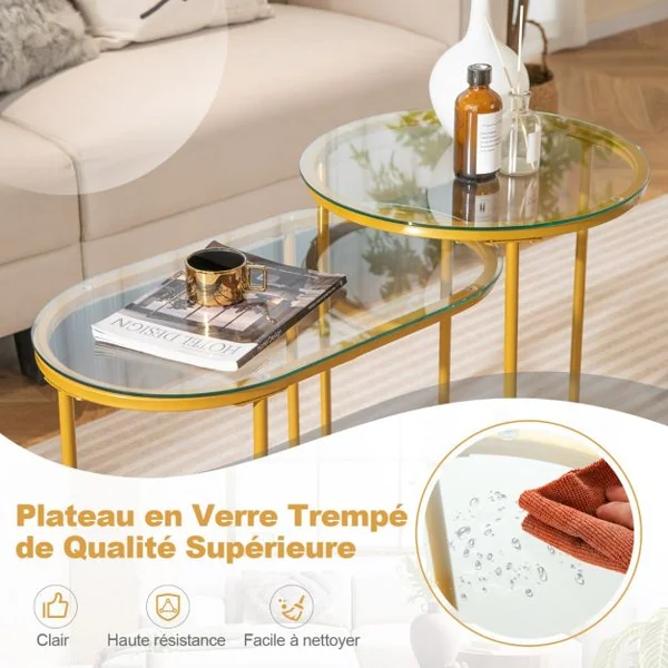 Ensemble de 2 Tables Basses Gigognes Tables d'Appoint Rondes et Ovales avec Plateau en Verre Trempé Tables Basses Modernes Cadre en Métal Or