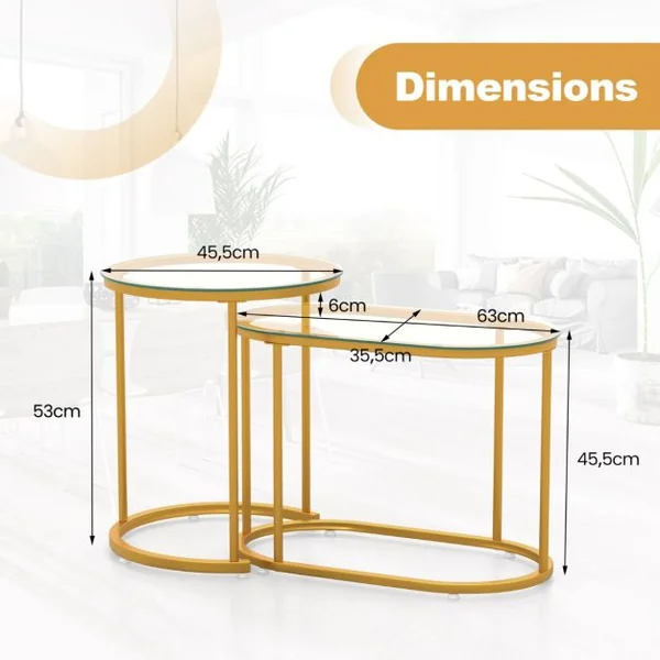 Ensemble de 2 Tables Basses Gigognes Tables d'Appoint Rondes et Ovales avec Plateau en Verre Trempé Tables Basses Modernes Cadre en Métal Or