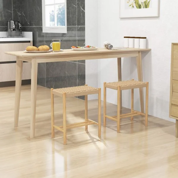 Ensemble de 2 Tabourets de Bar de 45 cm Cadre en Bois de Caoutchouc et Siège en Papier Tissé Tabouret sans Dossier Naturel