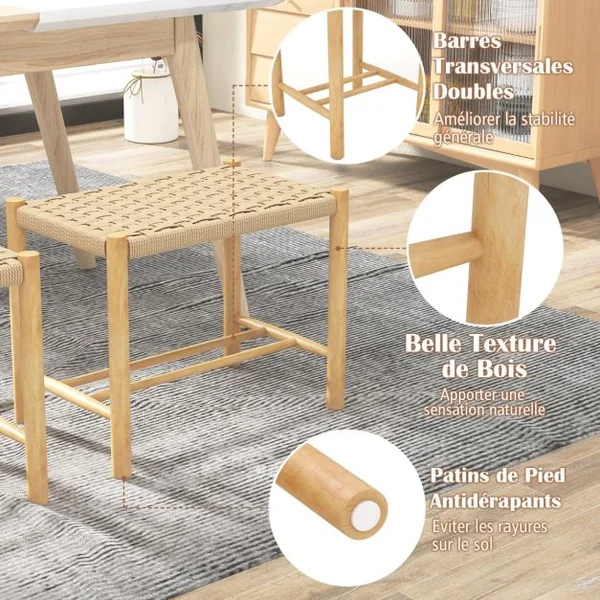 Ensemble de 2 Tabourets de Bar de 45 cm Cadre en Bois de Caoutchouc et Siège en Papier Tissé Tabouret sans Dossier Naturel