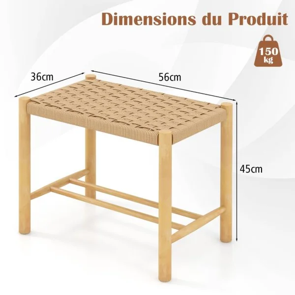 Ensemble de 2 Tabourets de Bar de 45 cm Cadre en Bois de Caoutchouc et Siège en Papier Tissé Tabouret sans Dossier Naturel