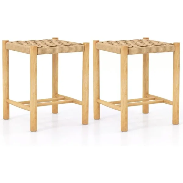 Ensemble de 2 Tabourets de Bar de 45 cm Cadre en Bois de Caoutchouc et Siège en Papier Tissé Tabouret sans Dossier Rustique Naturel