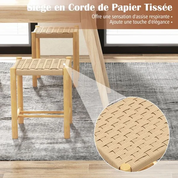 Ensemble de 2 Tabourets de Bar de 45 cm Cadre en Bois de Caoutchouc et Siège en Papier Tissé Tabouret sans Dossier Rustique Naturel