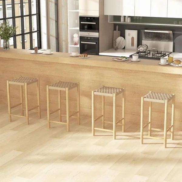 Ensemble de 2 Tabourets de Bar de 65 cm Cadre en Bois de Caoutchouc et Siège en Papier Tissé Tabouret de Bar Rustique de Hauteur Comptoir Siège Confortable Naturel