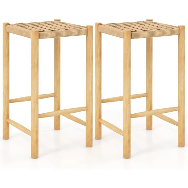 Ensemble de 2 Tabourets de Bar de 65 cm Cadre en Bois de Caoutchouc et Siège en Papier Tissé Tabouret de Bar Rustique de Hauteur Comptoir Siège Confortable Naturel