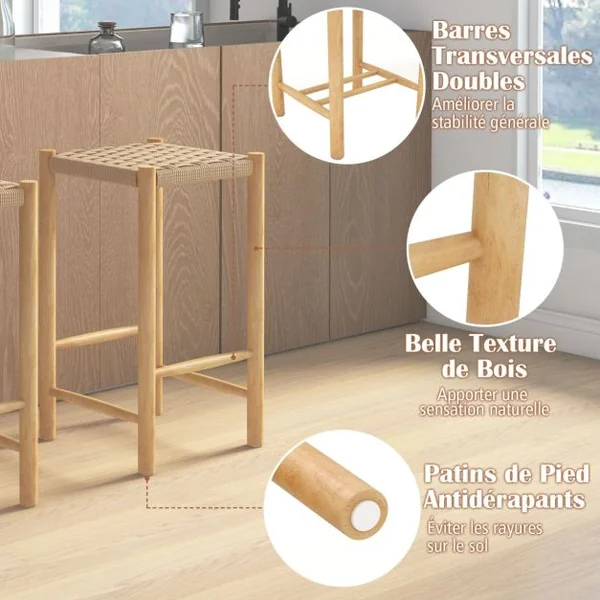 Ensemble de 2 Tabourets de Bar de 65 cm Cadre en Bois de Caoutchouc et Siège en Papier Tissé Tabouret de Bar Rustique de Hauteur Comptoir Siège Confortable Naturel