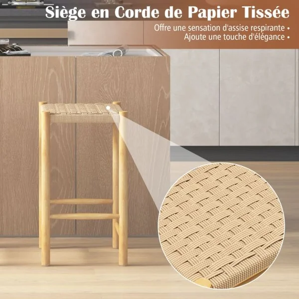 Ensemble de 2 Tabourets de Bar de 65 cm Cadre en Bois de Caoutchouc et Siège en Papier Tissé Tabouret de Bar Rustique de Hauteur Comptoir Siège Confortable Naturel