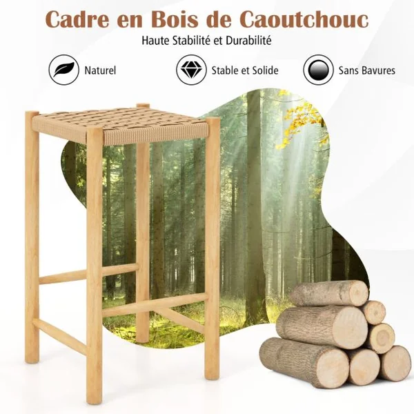 Ensemble de 2 Tabourets de Bar de 65 cm Cadre en Bois de Caoutchouc et Siège en Papier Tissé Tabouret de Bar Rustique de Hauteur Comptoir Siège Confortable Naturel