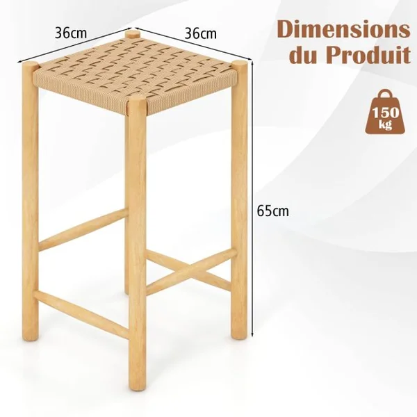 Ensemble de 2 Tabourets de Bar de 65 cm Cadre en Bois de Caoutchouc et Siège en Papier Tissé Tabouret de Bar Rustique de Hauteur Comptoir Siège Confortable Naturel