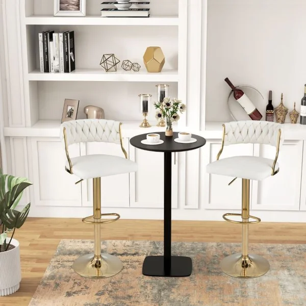 Ensemble De 2 Tabourets Pivotants En Velours Avec Dossier Tissé Repose-Pieds Certification Sgs Vérin à Gaz Avec Rotation à 360 Degrés Blanc