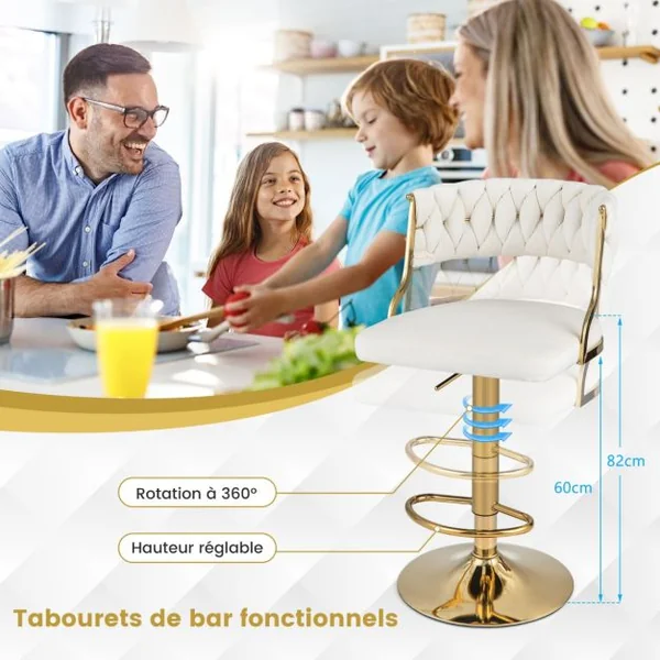Ensemble De 2 Tabourets Pivotants En Velours Avec Dossier Tissé Repose-Pieds Certification Sgs Vérin à Gaz Avec Rotation à 360 Degrés Blanc