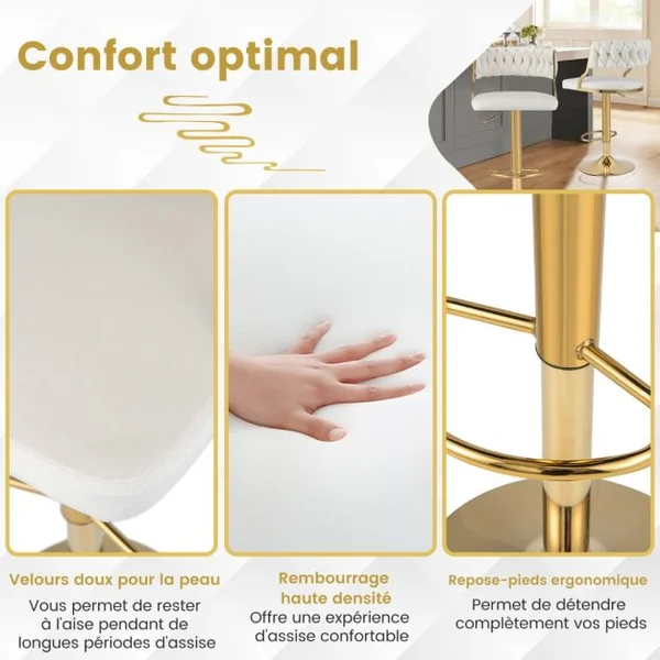 Ensemble De 2 Tabourets Pivotants En Velours Avec Dossier Tissé Repose-Pieds Certification Sgs Vérin à Gaz Avec Rotation à 360 Degrés Blanc