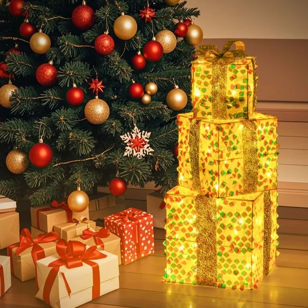 Ensemble de 3 Boîtes Cadeaux Illuminées de Noël Boîtes de Présent Pré-éclairées avec 90 LED Décorations de Noël avec Nœuds et Prise