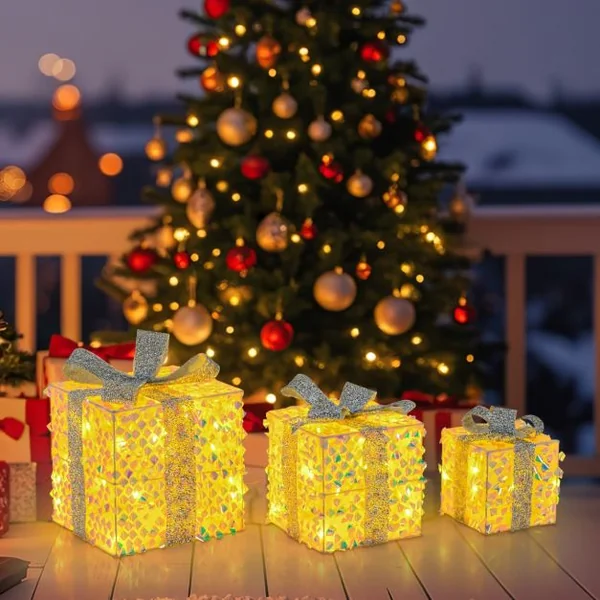 Ensemble de 3 Boîtes Cadeaux Illuminées de Noël Boîtes de Présent Pré-éclairées avec 90 LED Décorations de Noël avec Nœuds et Prise
