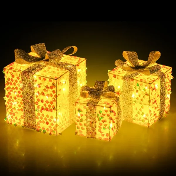 Ensemble de 3 Boîtes Cadeaux Illuminées de Noël Boîtes de Présent Pré-éclairées avec 90 LED Décorations de Noël avec Nœuds et Prise