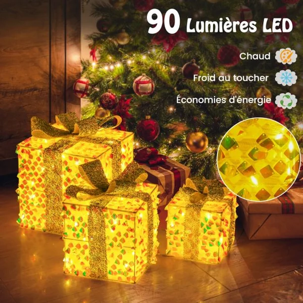Ensemble de 3 Boîtes Cadeaux Illuminées de Noël Boîtes de Présent Pré-éclairées avec 90 LED Décorations de Noël avec Nœuds et Prise
