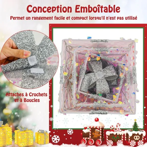 Ensemble de 3 Boîtes Cadeaux Illuminées de Noël Boîtes de Présent Pré-éclairées avec 90 LED Décorations de Noël avec Nœuds et Prise