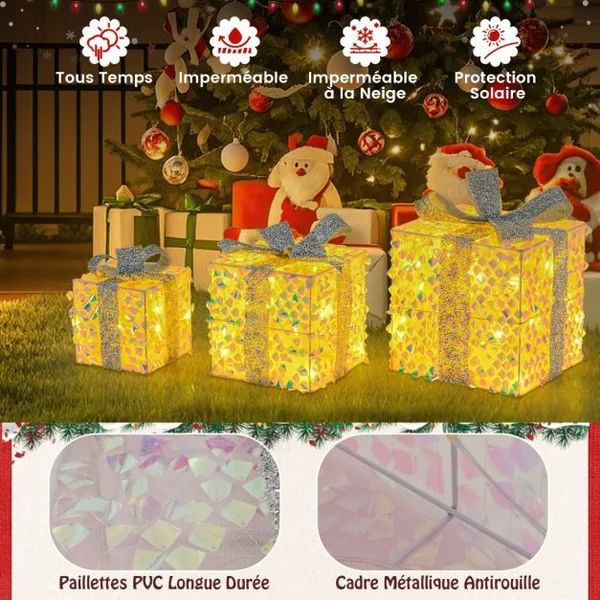 Ensemble de 3 Boîtes Cadeaux Illuminées de Noël Boîtes de Présent Pré-éclairées avec 90 LED Décorations de Noël avec Nœuds et Prise