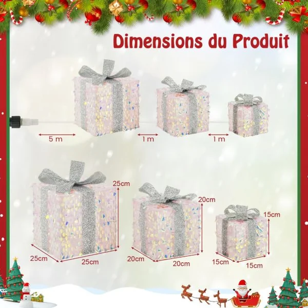 Ensemble de 3 Boîtes Cadeaux Illuminées de Noël Boîtes de Présent Pré-éclairées avec 90 LED Décorations de Noël avec Nœuds et Prise