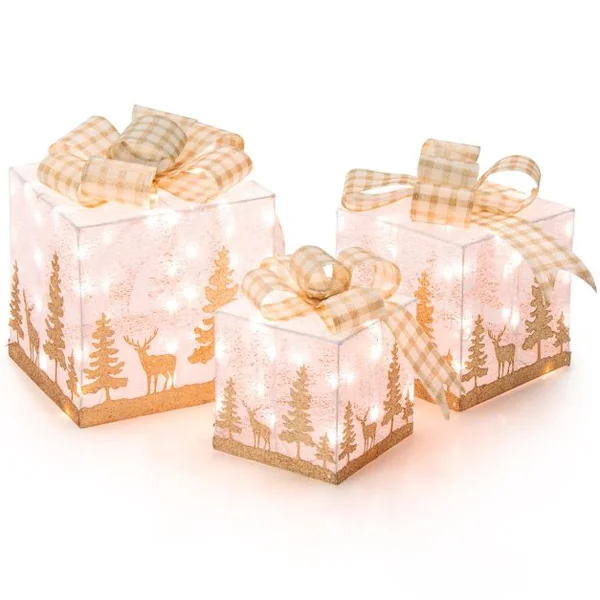 Ensemble de 3 Boîtes Cadeaux Lumineuses de Noël Boîtes de Présents Pré-Éclairées avec 100 Lumières Motifs Exquis Nœuds Piquets de Sol