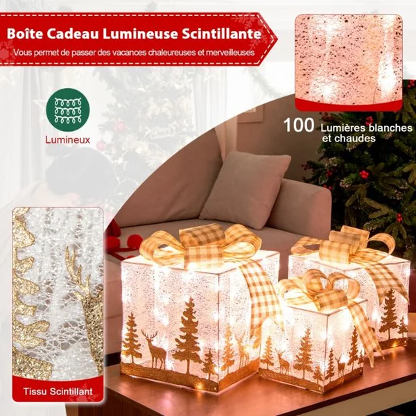 Ensemble de 3 Boîtes Cadeaux Lumineuses de Noël Boîtes de Présents Pré-Éclairées avec 100 Lumières Motifs Exquis Nœuds Piquets de Sol