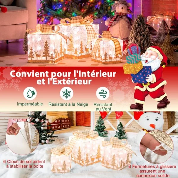 Ensemble de 3 Boîtes Cadeaux Lumineuses de Noël Boîtes de Présents Pré-Éclairées avec 100 Lumières Motifs Exquis Nœuds Piquets de Sol