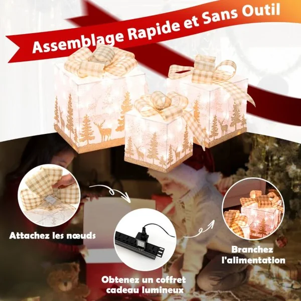 Ensemble de 3 Boîtes Cadeaux Lumineuses de Noël Boîtes de Présents Pré-Éclairées avec 100 Lumières Motifs Exquis Nœuds Piquets de Sol