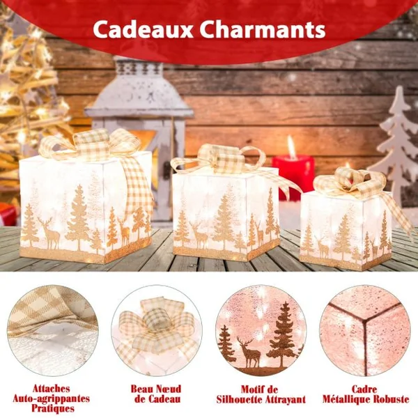Ensemble de 3 Boîtes Cadeaux Lumineuses de Noël Boîtes de Présents Pré-Éclairées avec 100 Lumières Motifs Exquis Nœuds Piquets de Sol