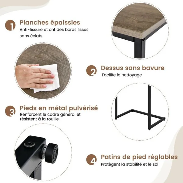 Ensemble de 3 Tables Basses Gigognes Tables d'Appoint Carrées Empilables Plateau en Grain de Bois Cadre en Métal en Forme de C Marron