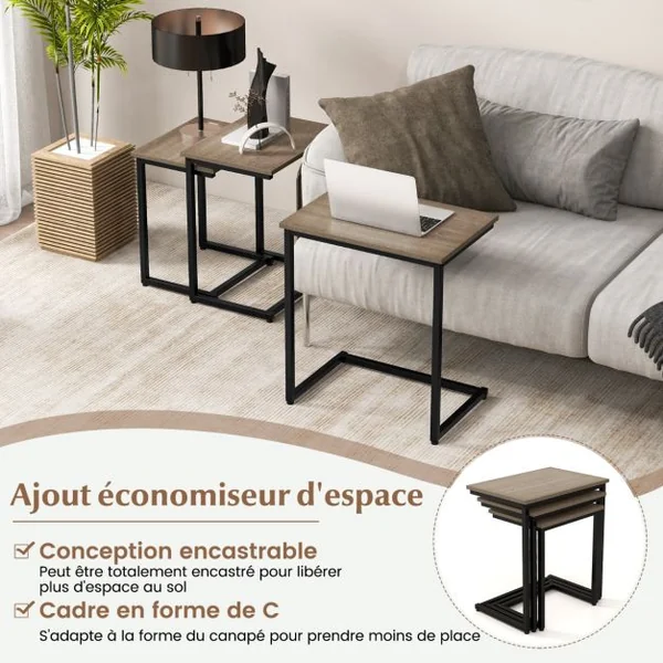Ensemble de 3 Tables Basses Gigognes Tables d'Appoint Carrées Empilables Plateau en Grain de Bois Cadre en Métal en Forme de C Marron