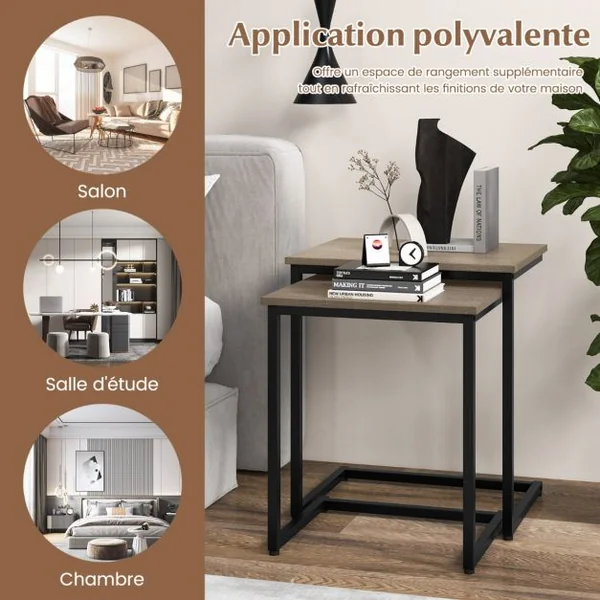 Ensemble de 3 Tables Basses Gigognes Tables d'Appoint Carrées Empilables Plateau en Grain de Bois Cadre en Métal en Forme de C Marron