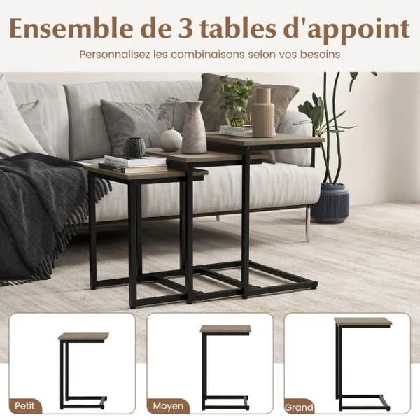 Ensemble de 3 Tables Basses Gigognes Tables d'Appoint Carrées Empilables Plateau en Grain de Bois Cadre en Métal en Forme de C Marron