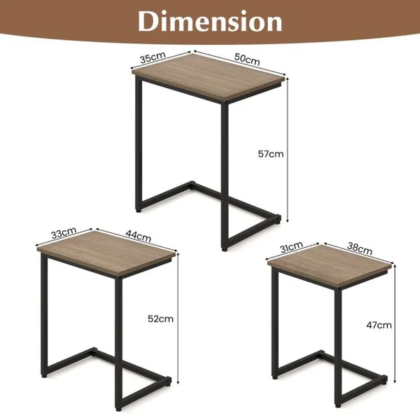 Ensemble de 3 Tables Basses Gigognes Tables d'Appoint Carrées Empilables Plateau en Grain de Bois Cadre en Métal en Forme de C Marron