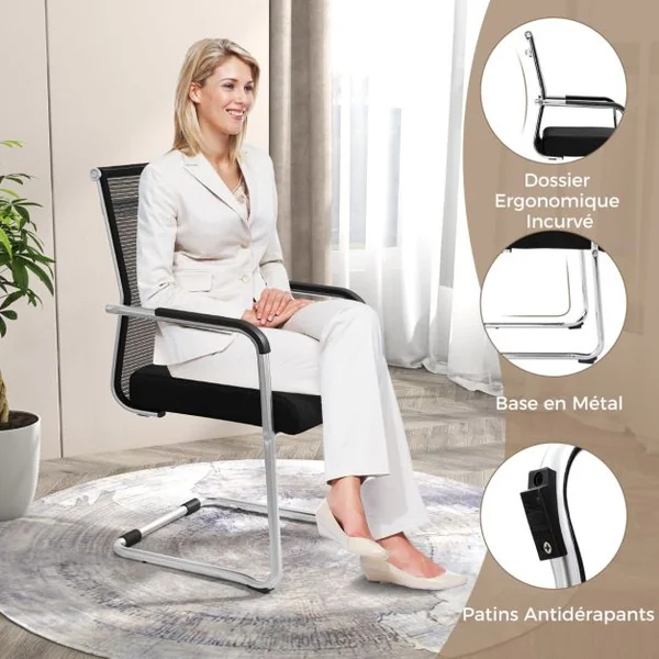 Ensemble de 4 Chaises de Bureau pour Invités Chaise de Conférence avec Base Luge Accoudoirs en Métal Chaise de Réunion Noir