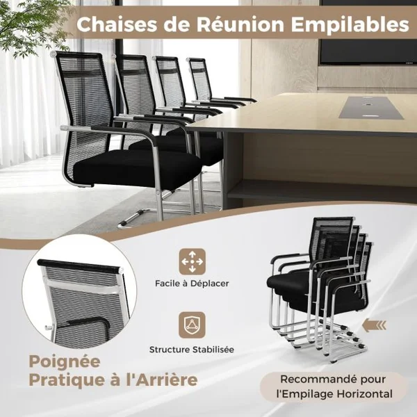 Ensemble de 4 Chaises de Bureau pour Invités Chaise de Conférence avec Base Luge Accoudoirs en Métal Chaise de Réunion Noir