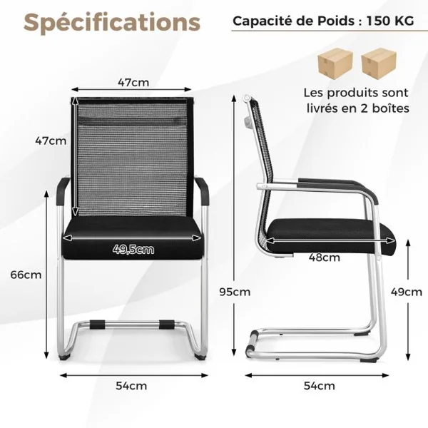 Ensemble de 4 Chaises de Bureau pour Invités Chaise de Conférence avec Base Luge Accoudoirs en Métal Chaise de Réunion Noir