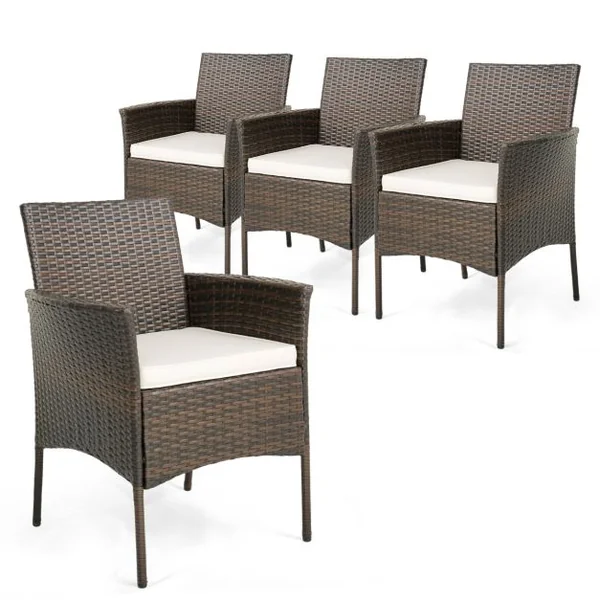 Ensemble de 4 Chaises de Jardin en Rotin Chaises en Rotin PE avec Coussins Moelleux Cadre Métallique Robuste Accoudoirs Incurvés