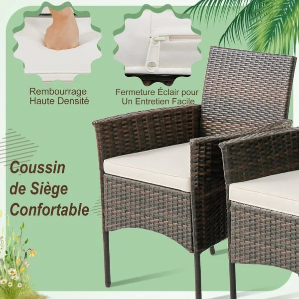 Ensemble de 4 Chaises de Jardin en Rotin Chaises en Rotin PE avec Coussins Moelleux Cadre Métallique Robuste Accoudoirs Incurvés