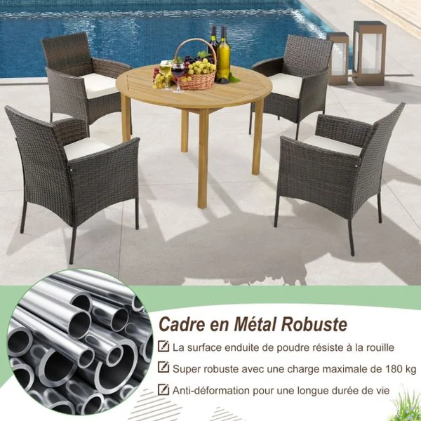 Ensemble de 4 Chaises de Jardin en Rotin Chaises en Rotin PE avec Coussins Moelleux Cadre Métallique Robuste Accoudoirs Incurvés
