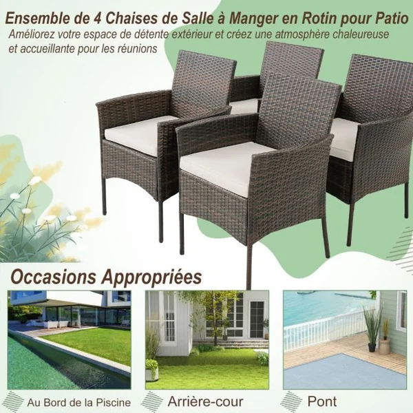 Ensemble de 4 Chaises de Jardin en Rotin Chaises en Rotin PE avec Coussins Moelleux Cadre Métallique Robuste Accoudoirs Incurvés